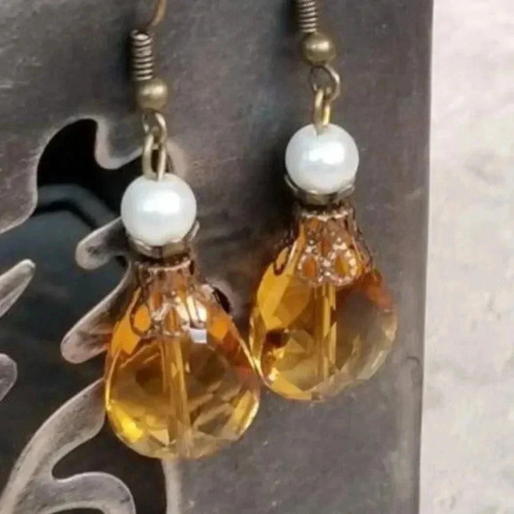 Amber Glass Teardrop Dangle Earrings - Picture 1 of 2